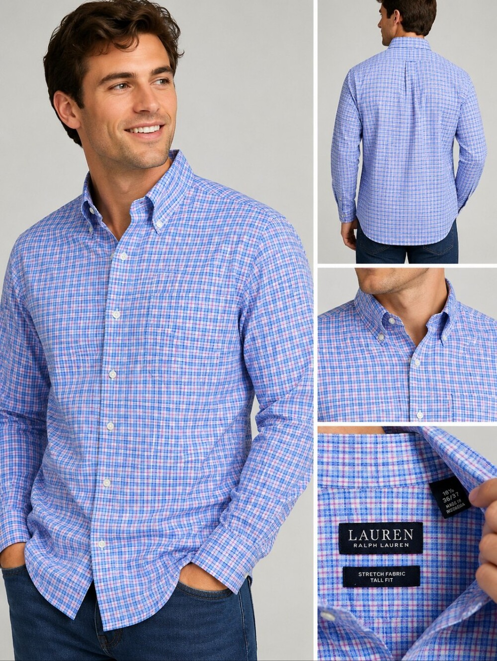 Lauren Ralph Lauren Black Label Plaid Stretch Button Up Size 18.5 36/37 2XLT